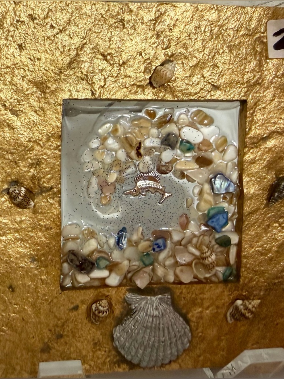 Seashell Mixed Media Wall Art with Gold Frame-resin